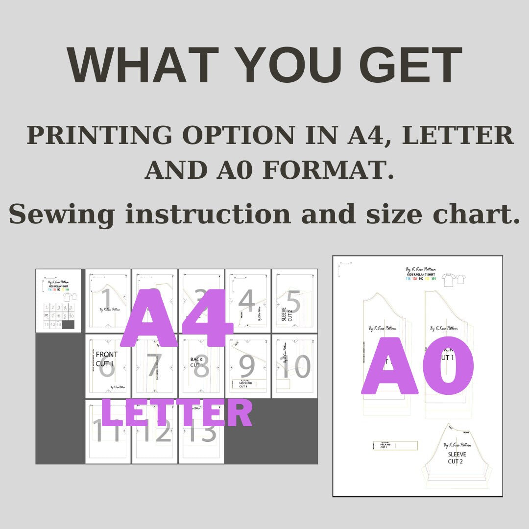 Kids’ Raglan T-Shirt Sewing Pattern Digital PDF Sizes 5–14 Years Beginner Friendly DIY Children’s Clothing Printable Sewing File A4 Letter A0