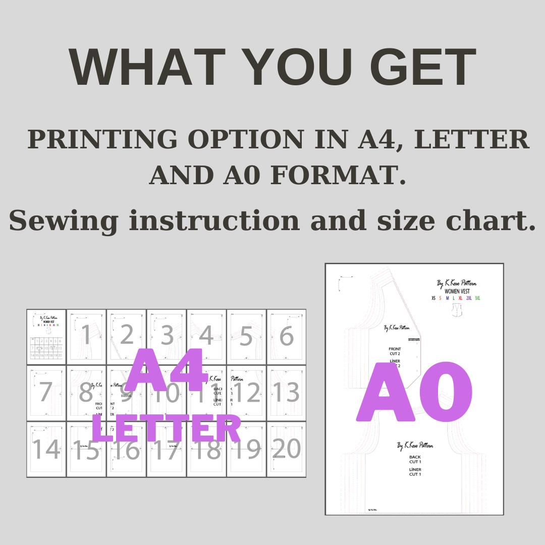 Women’s Vest Sewing Pattern Digital PDF Sizes XS–3XL Advanced DIY Lined Vest Printable Sewing File A4 Letter A0