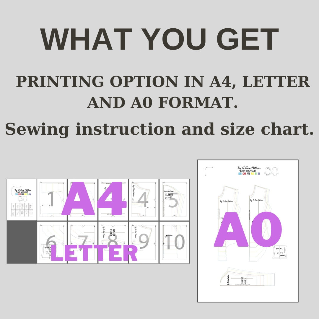 Baby Bodysuit Sewing Pattern PDF | Sizes Newborn–4 Years | Intermediate | Printable A4 Letter A0