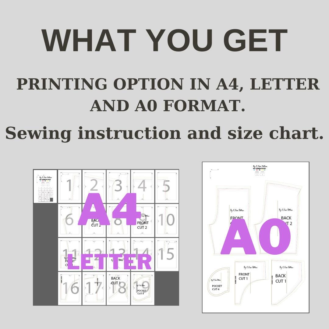 Kids Lined Swim Shorts Sewing Pattern PDF, Ages 5 to 14 Years, Easy DIY Children Swimwear, Printable A4 Letter and A0