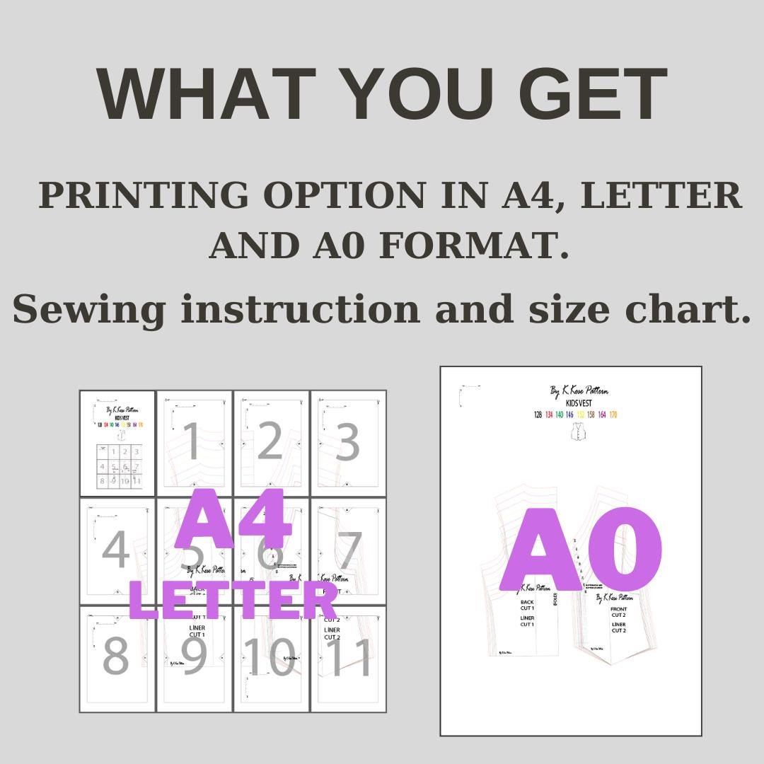 Kids Lined Vest Sewing Pattern PDF, Ages 7 to 15 Years, Printable A4 Letter A0