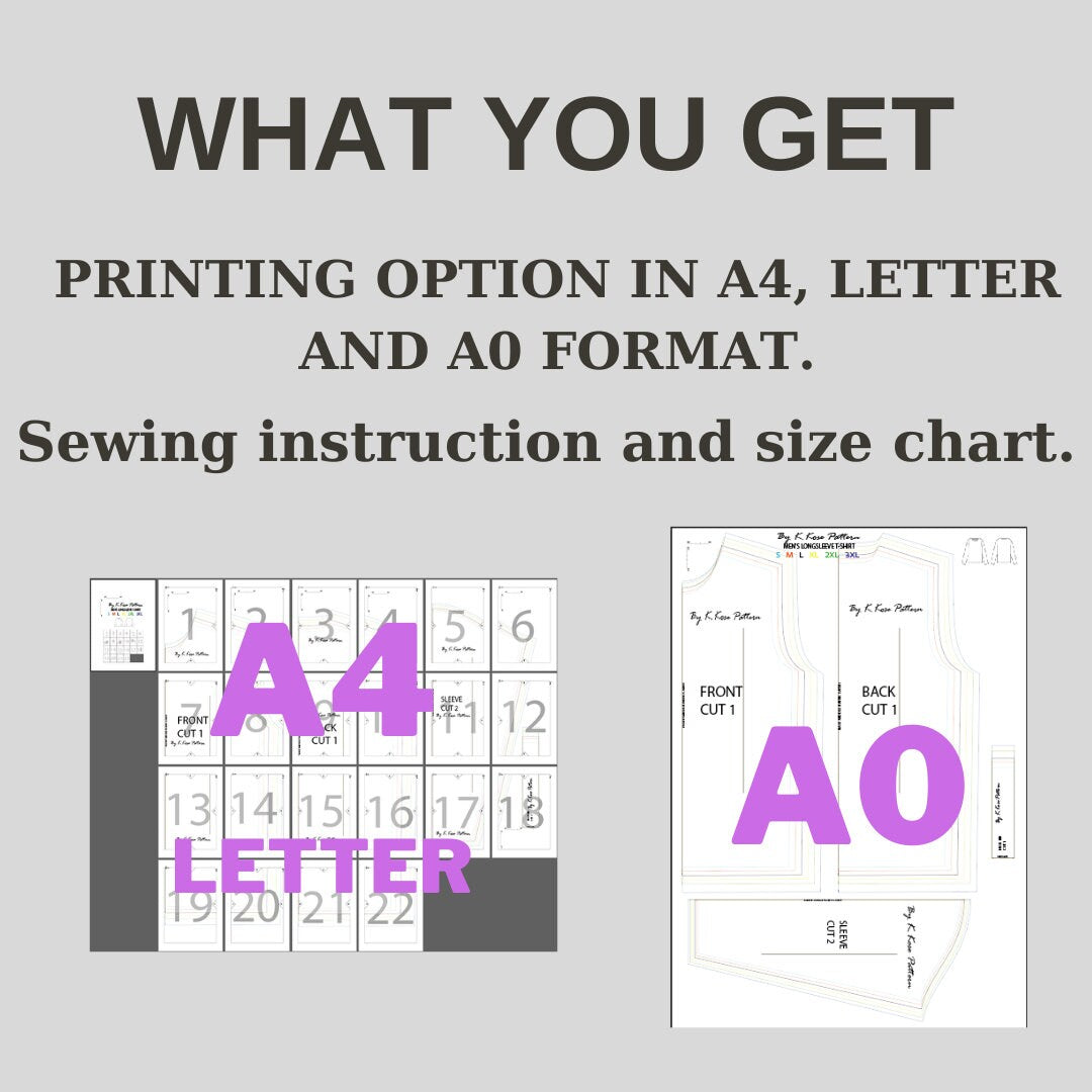 Men's Long Sleeve T-Shirt Sewing Pattern PDF, Sizes S to 3XL, Easy DIY Men's Casual Shirt, Printable A4 Letter and A0