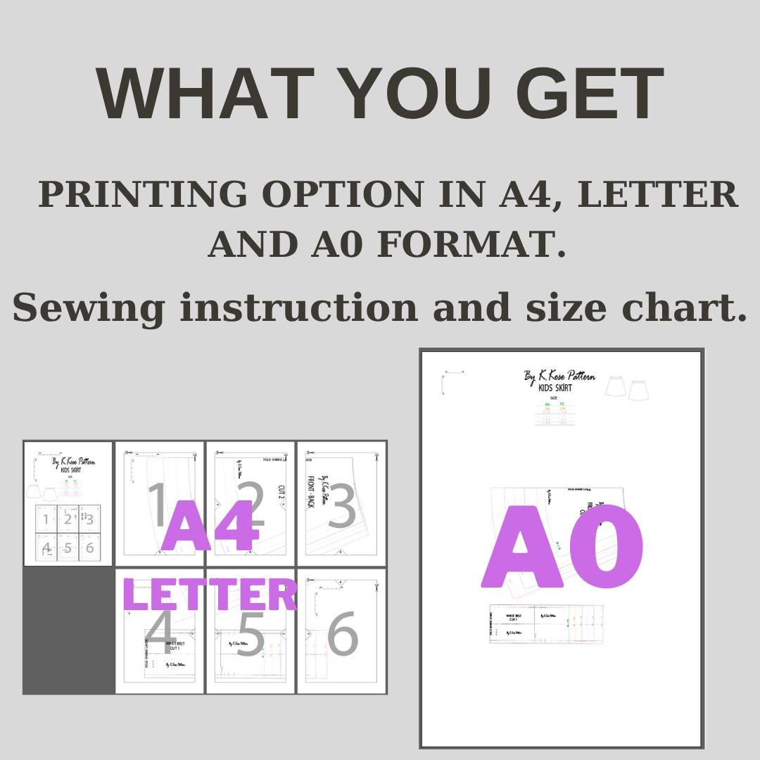 Kids Elastic Waist Skirt Sewing Pattern PDF, Ages 1 to 12 Years, Easy DIY Girls Clothing with Video Guide, Printable A4 Letter and A0