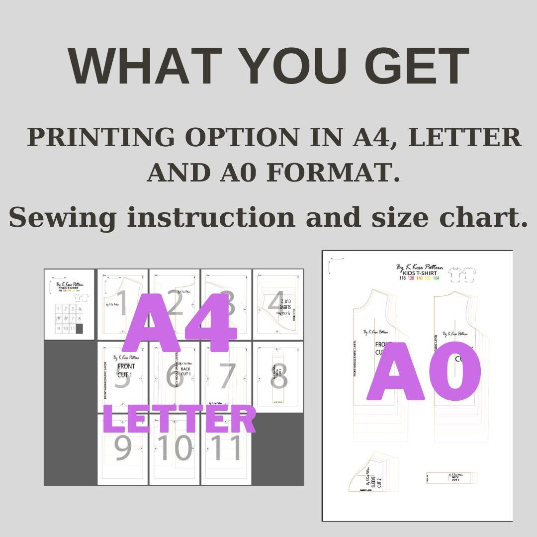 Kids T-Shirt Sewing Pattern PDF, Short Sleeve Tee for Ages 5 to 14 Years, Easy DIY Children Clothing, Printable A4 Letter and A0