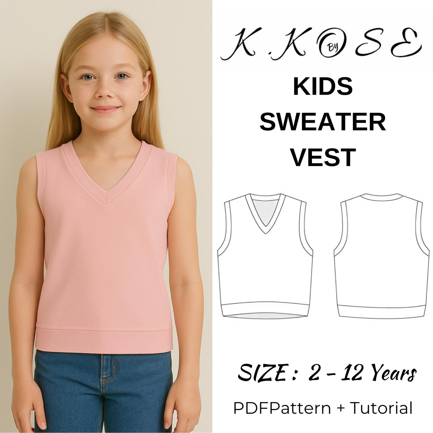 Kids’ Sweater Vest Sewing Pattern  Digital PDF  Beginner Friendly DIY Children’s Clothing  Printable Sewing File A4 Letter A0