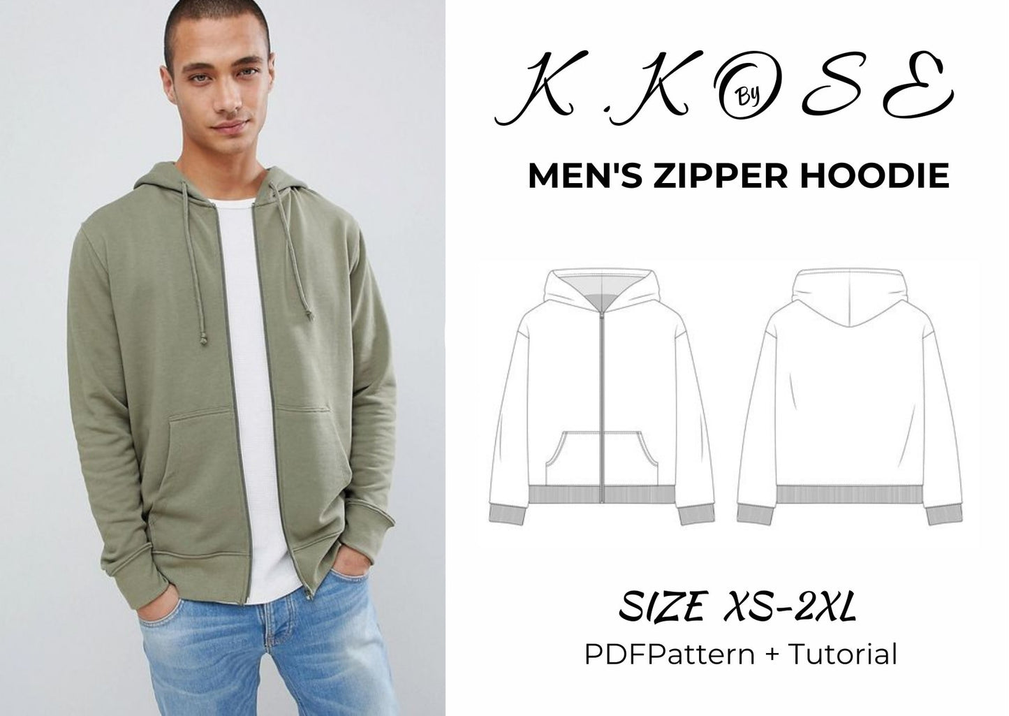 Men’s Zipper Hoodie Sewing Pattern  Digital PDF Sizes XS–2XL  Unisex DIY Hoodie  Printable Sewing File A4 Letter A0