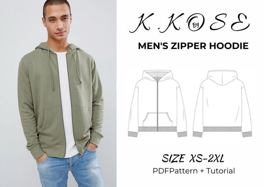 Men’s Zipper Hoodie Sewing Pattern  Digital PDF Sizes XS–2XL  Unisex DIY Hoodie  Printable Sewing File A4 Letter A0