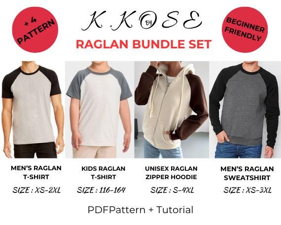 Raglan Sewing Pattern Bundle  Digital PDF Men’s T-Shirt, Kids Shirt, Unisex Hoodie & Sweatshirt  Beginner Friendly DIY Clothing  Printable Sewing File A4 Letter A0