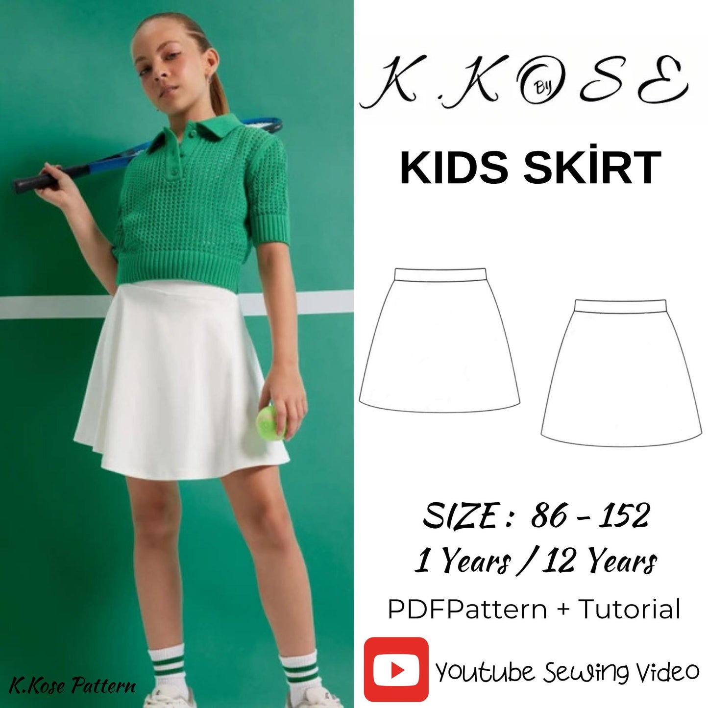 Kids Elastic Waist Skirt Sewing Pattern PDF, Ages 1 to 12 Years, Easy DIY Girls Clothing with Video Guide, Printable A4 Letter and A0