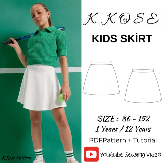 Kids Elastic Waist Skirt Sewing Pattern PDF, Ages 1 to 12 Years, Easy DIY Girls Clothing with Video Guide, Printable A4 Letter and A0