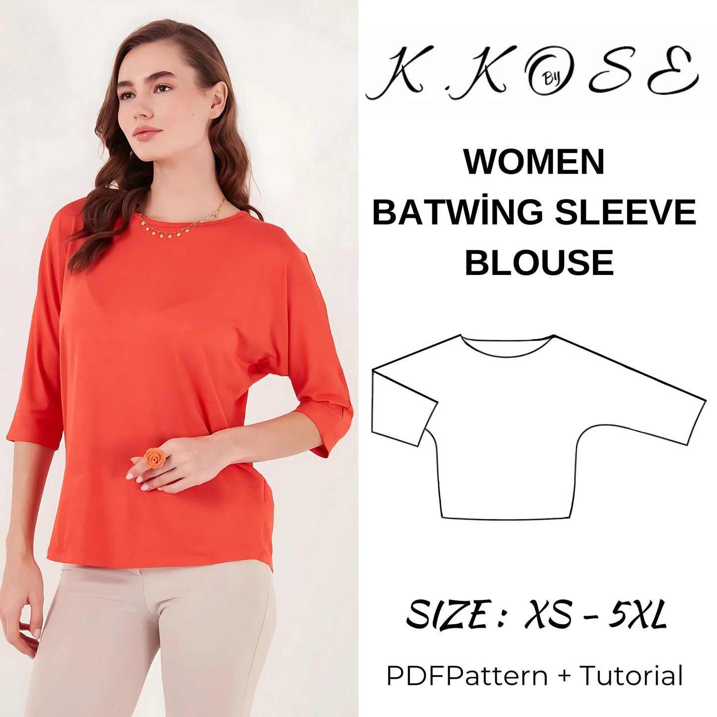 Women's Batwing Sleeve Blouse Sewing Pattern PDF, Flowy Oversized Top for Sizes XS to 5XL, Easy DIY Women's Clothing, Printable A4 Letter and A0
