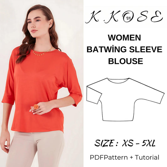 Women's Batwing Sleeve Blouse Sewing Pattern PDF, Flowy Oversized Top for Sizes XS to 5XL, Easy DIY Women's Clothing, Printable A4 Letter and A0