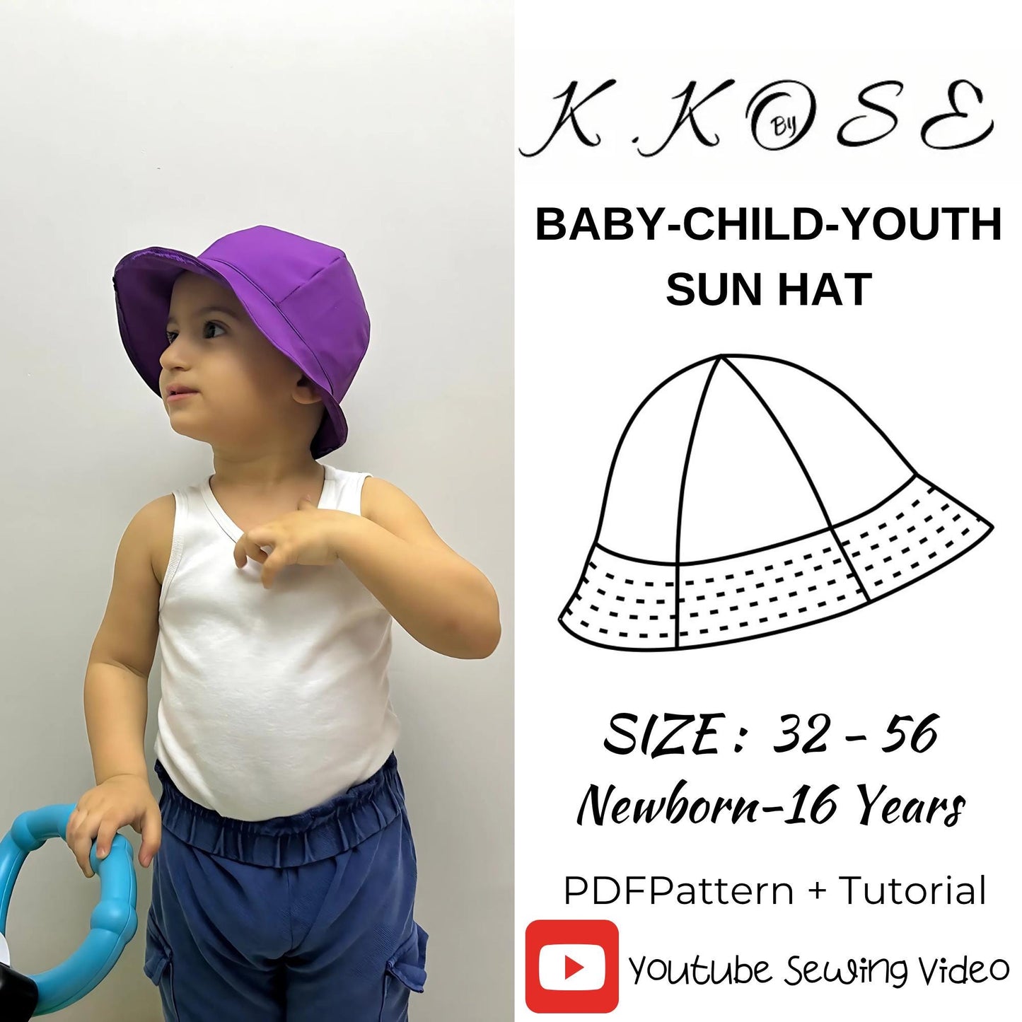 Sun Hat Sewing Pattern PDF, Sizes Newborn to 16 Years for Baby, Child and Youth, Easy DIY Summer Hat, Printable A4 Letter and A0