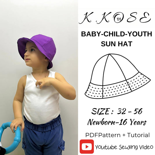 Sun Hat Sewing Pattern PDF, Sizes Newborn to 16 Years for Baby, Child and Youth, Easy DIY Summer Hat, Printable A4 Letter and A0