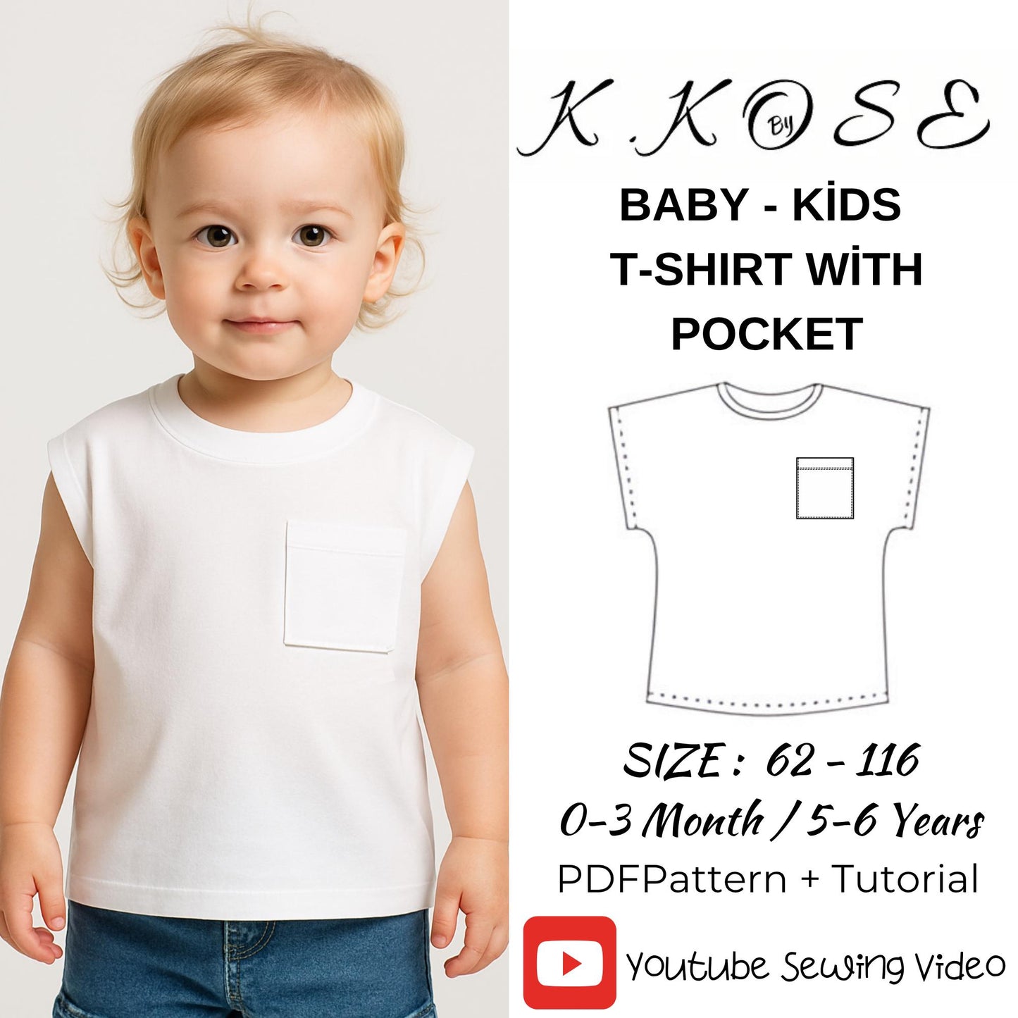 Baby & Kids’ T-Shirt with Pocket Sewing Pattern  Digital PDF Sizes 0M–6Y  Beginner Friendly DIY Children’s Clothing  Printable Sewing File A4 Letter A0