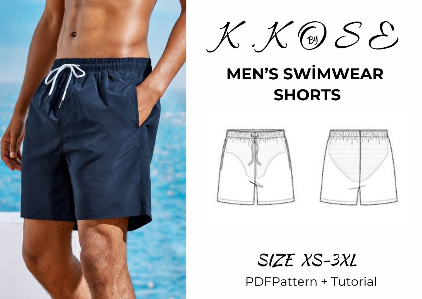 Men's Lined Swim Shorts Sewing Pattern PDF, Sizes XS to 3XL, Easy DIY Men's Swimwear, Printable A4 Letter and A0