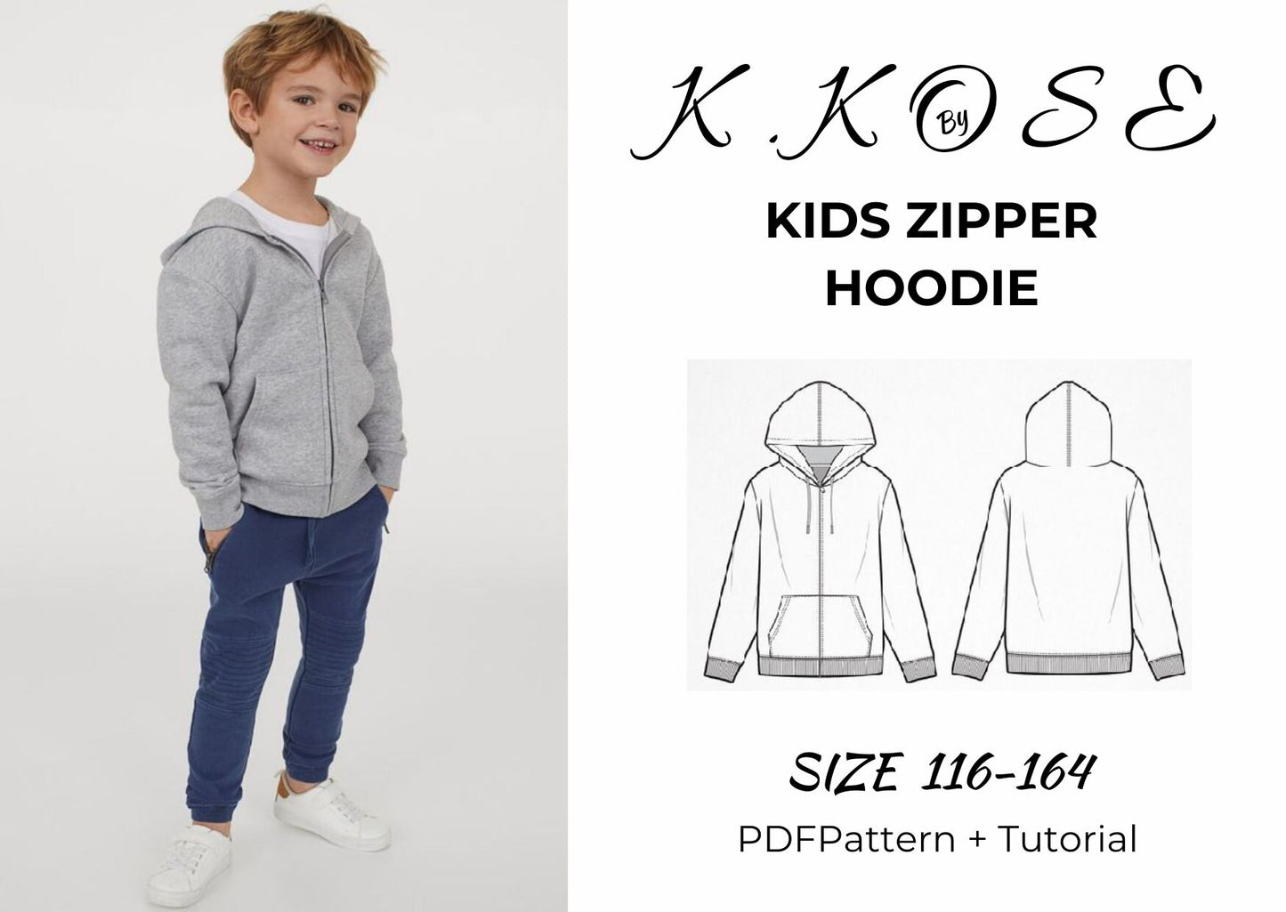 Kids Zıpper Hoodıe/Casual Hooded/zip jacket/Easy sewing instruction/Unisex Sewing Pattern/Kids Pattern/chıld zıped/Size:116-164/A4-A0-Letter