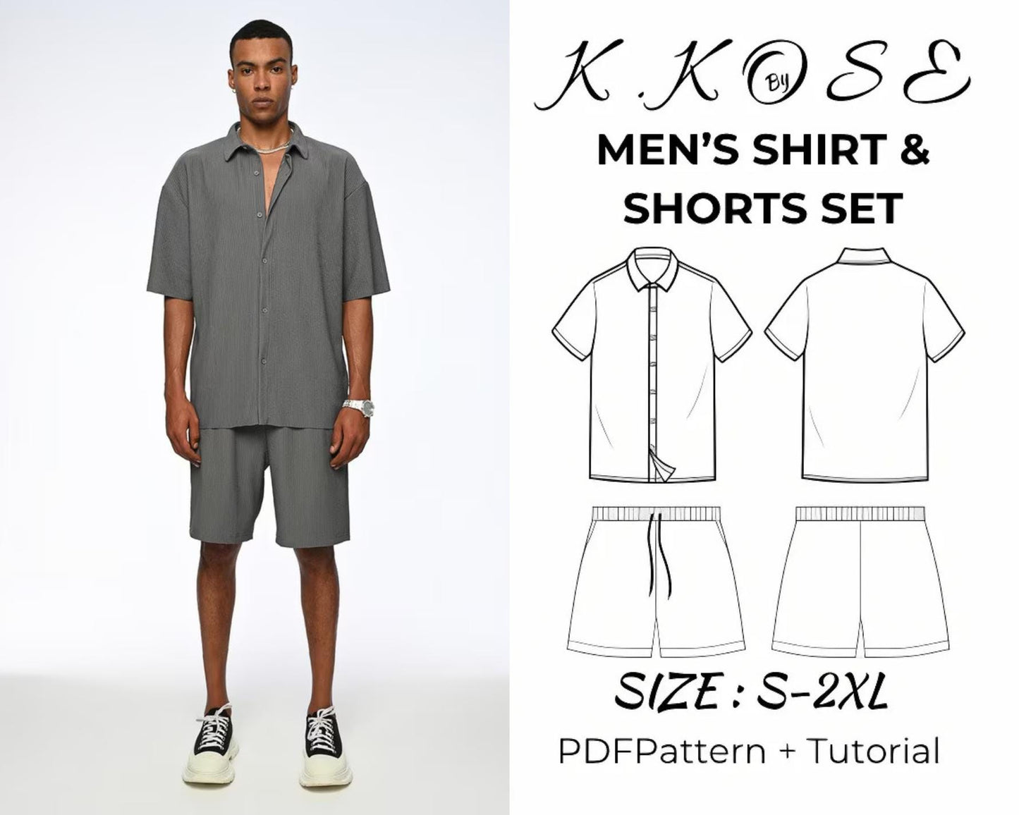 Men's Linen Shirt and Shorts Set Sewing Pattern PDF, Relaxed Fit Summer Outfit for Sizes XS to 3XL, Easy DIY Men's Clothing, Printable A4 Letter and A0