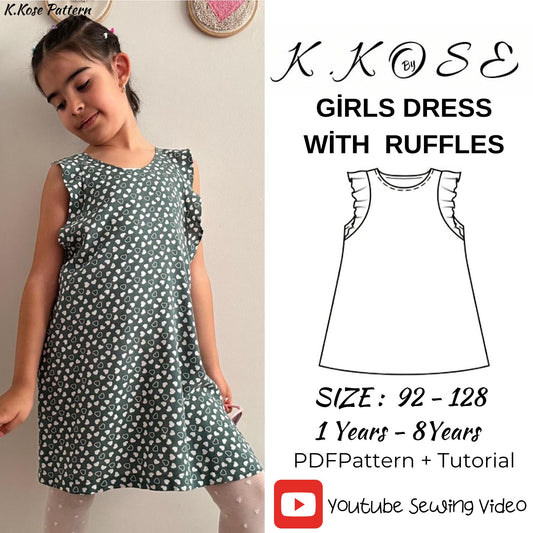 Girls Ruffle Dress Sewing Pattern: Easy T-Shirt Option (PDF Download, Sizes 1-8)