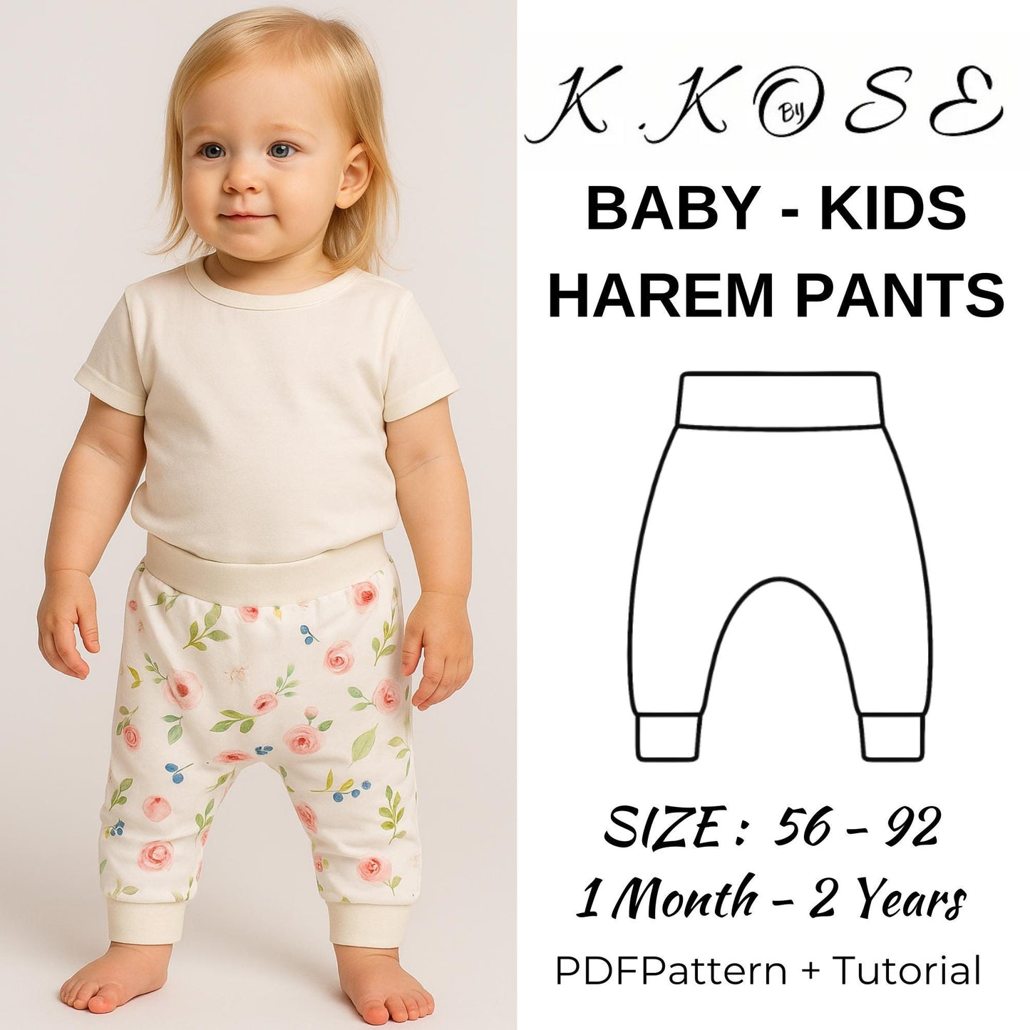 Baby and Kids Harem Pants Sewing Pattern PDF, Sizes 1 Month to 2 Years with Kangaroo Pocket Option, Easy DIY Baby Clothing, Printable A4 Letter and A0