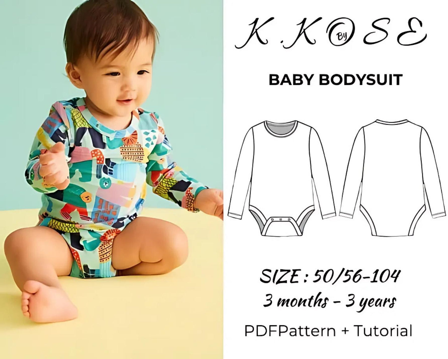 Baby Bodysuit Sewing Pattern PDF | Sizes Newborn–4 Years | Intermediate | Printable A4 Letter A0