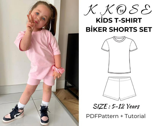 Kids T-Shirt and Biker Shorts Set Sewing Pattern PDF, Ages 1 to 14 Years, Easy DIY Children Summer Outfit, Printable A4 Letter and A0