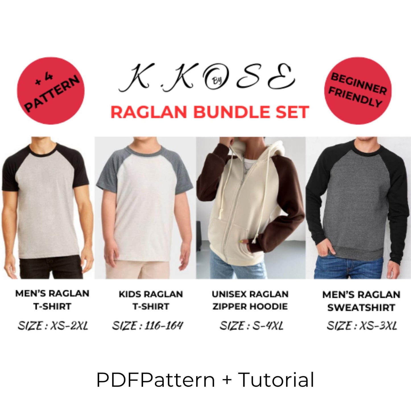Raglan Sewing Pattern Bundle  Digital PDF Men’s T-Shirt, Kids Shirt, Unisex Hoodie & Sweatshirt  Beginner Friendly DIY Clothing  Printable Sewing File A4 Letter A0