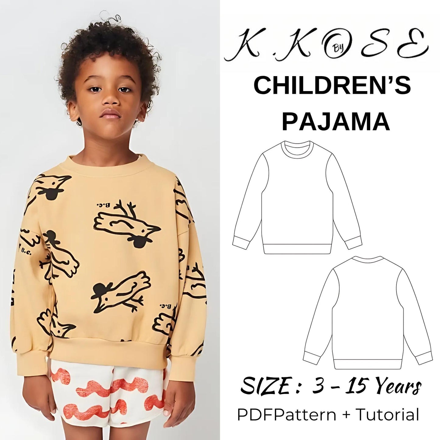 Kids Pajama and Sweatshirt Sewing Pattern PDF – Easy DIY Clothes for Ages 3–15 with Step-by-Step Instructions