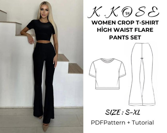 Women’s Crop T-Shirt & High Waist Flare Pants Set Sewing Pattern  Digital PDF Sizes S–XXL  Beginner Friendly DIY Outfit  Printable Sewing File A4 Letter A0