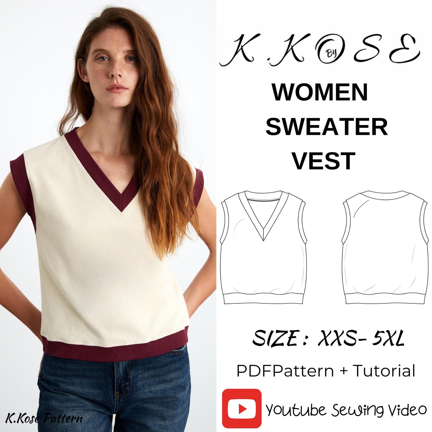 Women's Sweater Vest Sewing Pattern: Beginner-Friendly Gilet Slipover (PDF Pattern XXS-5XL)