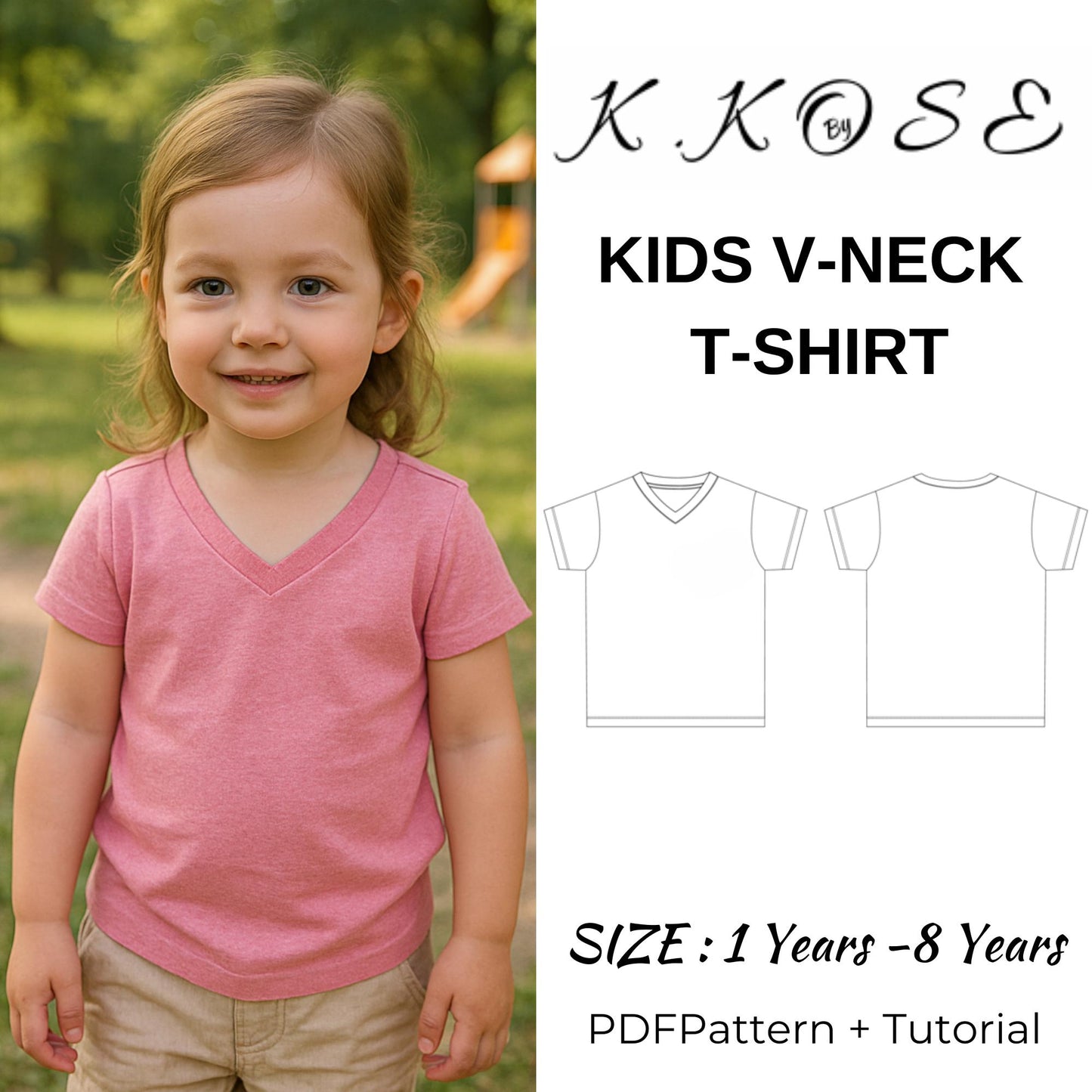 Kids V-Neck T-Shirt Sewing Pattern PDF, Short and Long Sleeve for Ages 1 to 8 Years, Easy DIY Children Clothing, Printable A4 Letter and A0