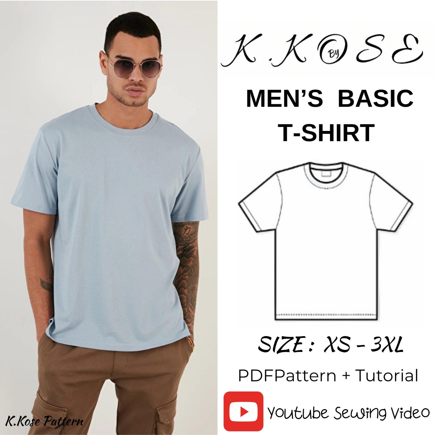 Men’s Basic T-Shirt Sewing Pattern  Digital PDF Sizes XS–3XL  Beginner Friendly DIY Crew Neck Top  Printable Sewing File A4 Letter A0