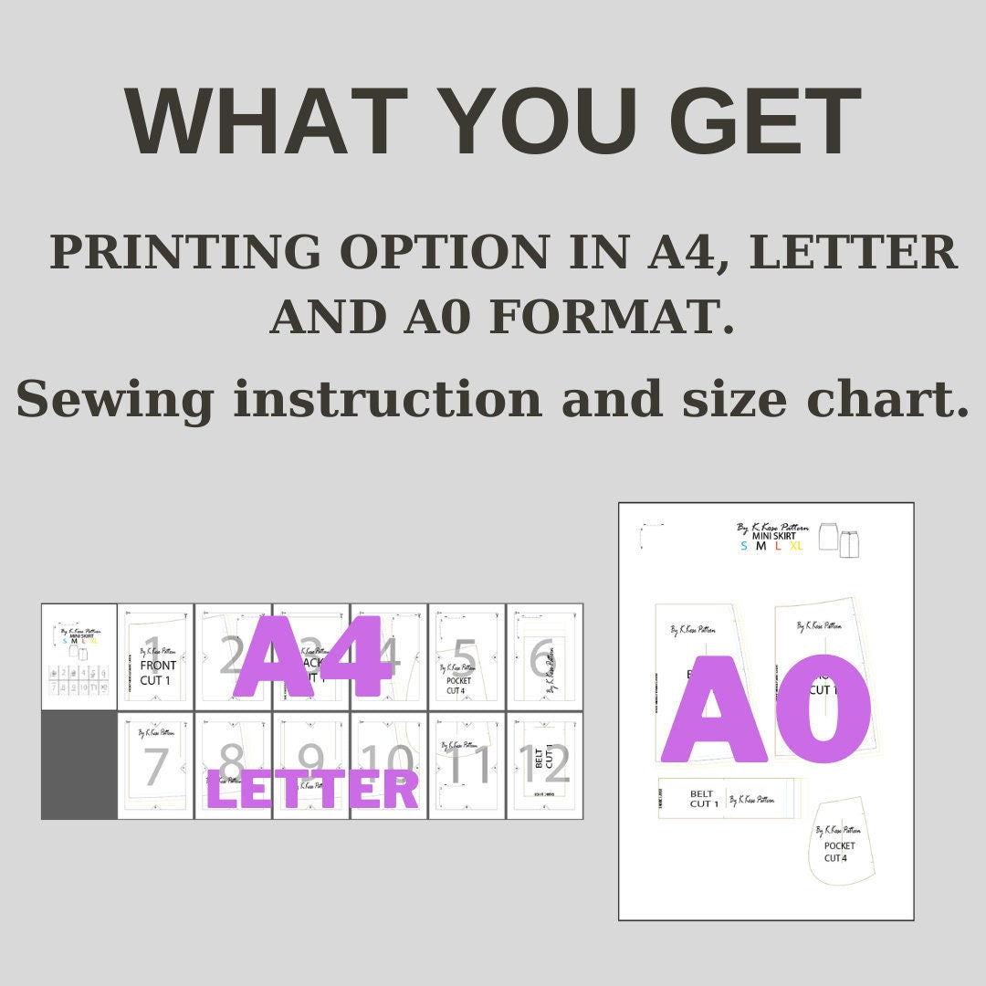 Mini Skirt Sewing Pattern PDF, Sizes S to XL with Hidden Pockets, Easy DIY Women's Clothing, Printable A4 Letter and A0