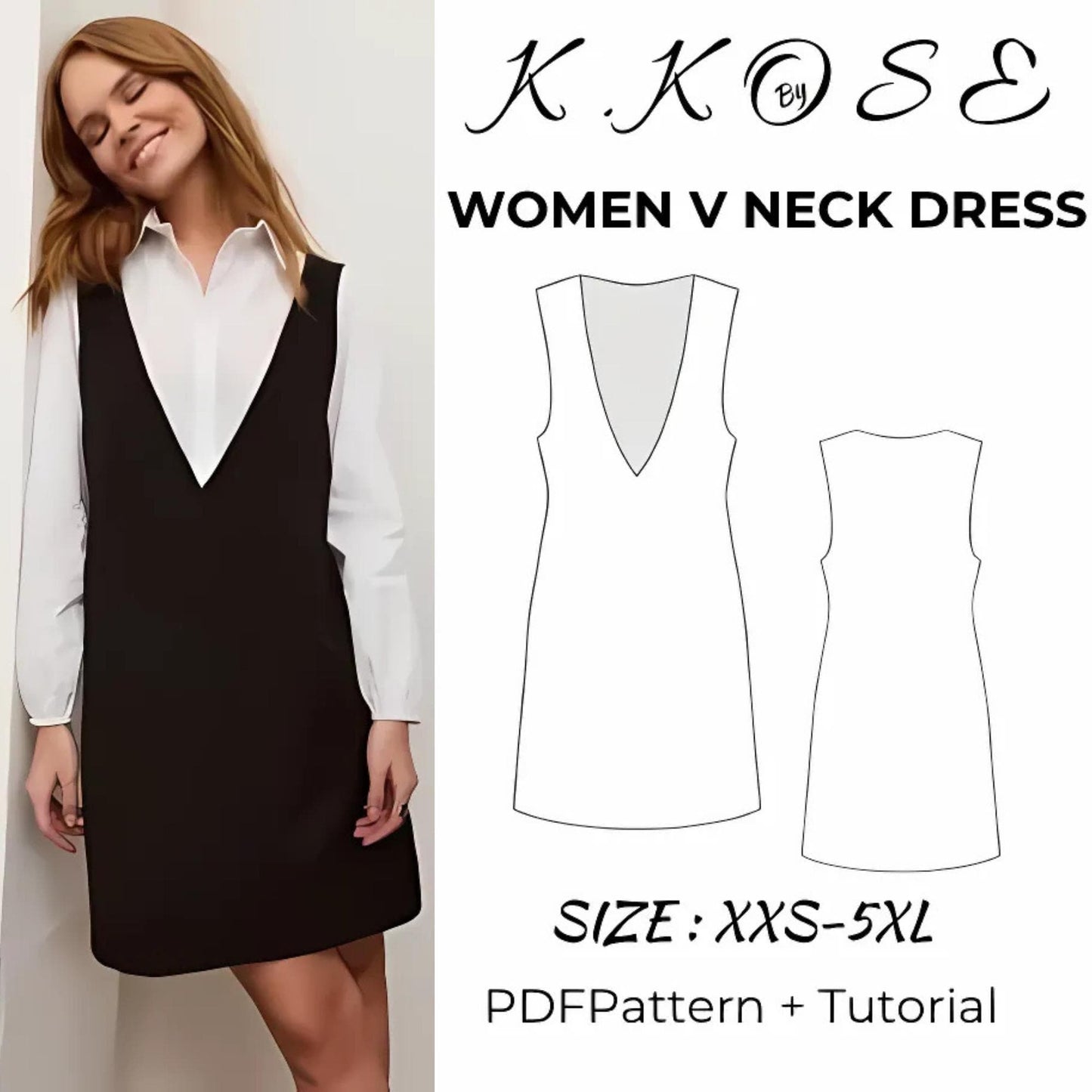 Women’s V-Neck Dress Sewing Pattern  Digital PDF Sizes XXS–5XL  Beginner Friendly DIY Clothing  Printable Sewing File A4 Letter A0