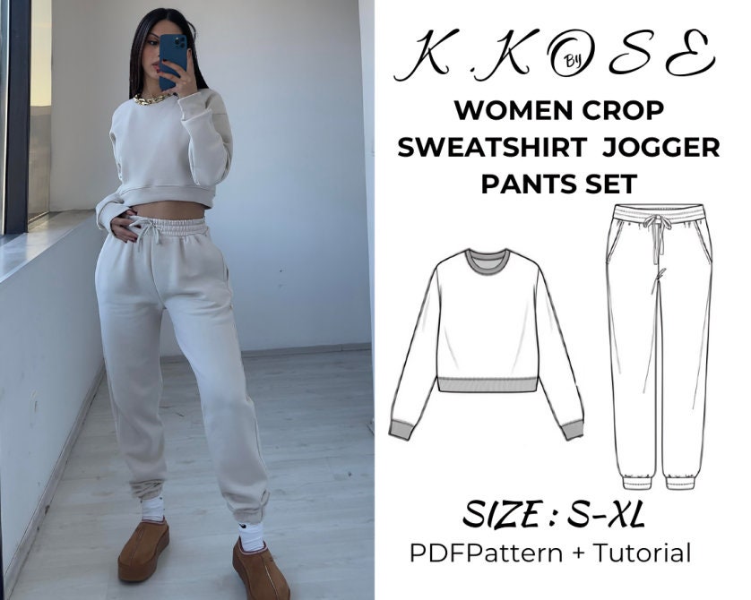 Women’s Crop Sweatshirt & Jogger Pants Set Sewing Pattern  Digital PDF Sizes S–XL  Beginner Friendly DIY Tracksuit  Printable Sewing File A4 Letter A0