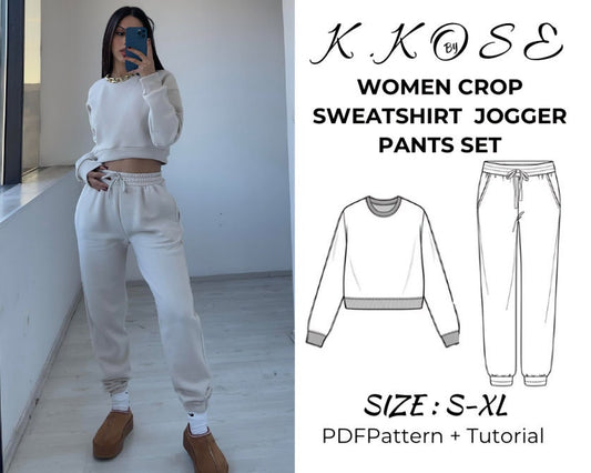 Women’s Crop Sweatshirt & Jogger Pants Set Sewing Pattern  Digital PDF Sizes S–XL  Beginner Friendly DIY Tracksuit  Printable Sewing File A4 Letter A0