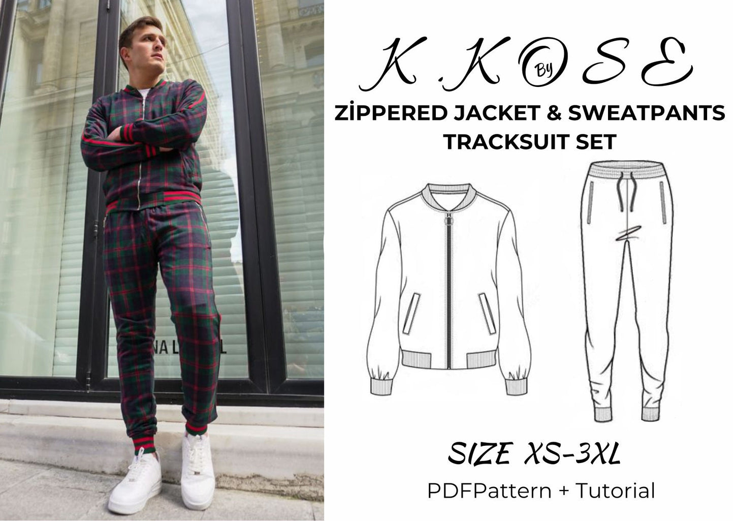 Men's Zippered Jacket and Sweatpants Tracksuit Set Sewing Pattern PDF, Sizes XS to 3XL, DIY Athletic Outfit, Printable A4 Letter and A0