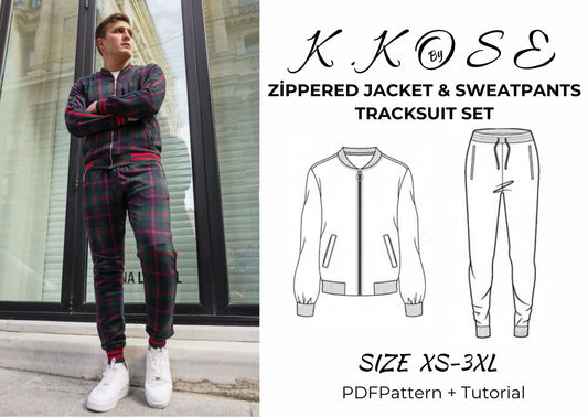 Men's Zippered Jacket and Sweatpants Tracksuit Set Sewing Pattern PDF, Sizes XS to 3XL, DIY Athletic Outfit, Printable A4 Letter and A0