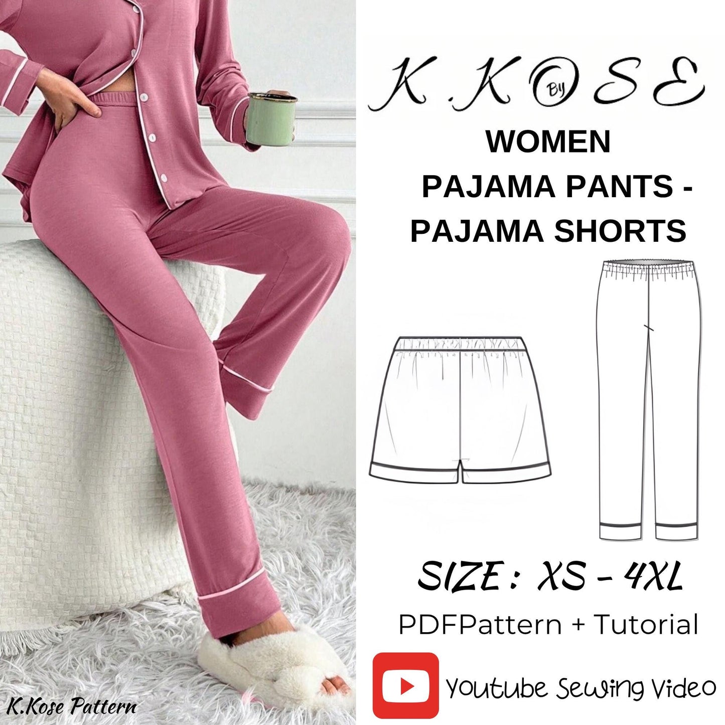 Pajama Pants & Shorts Sewing Pattern PDF | Women's Beginner Printable | Sizes XS–4XL | A4-Letter-A0