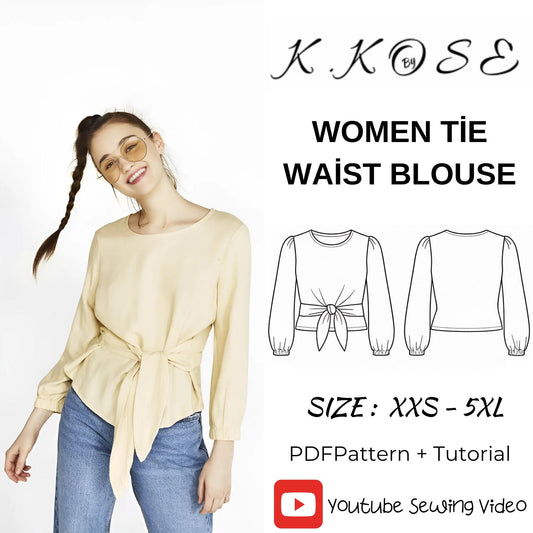 Women’s Tie Waist Blouse Sewing Pattern  Digital PDF XXS–5XL  Beginner Friendly DIY Top  Printable Sewing File A4 Letter A0