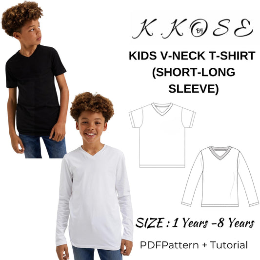 Kids’ V-Neck T-Shirt Sewing Pattern  Digital PDF Ages 1–8  Beginner Friendly DIY Children’s Clothing  Short & Long Sleeve  Printable Sewing File A4 Letter A0
