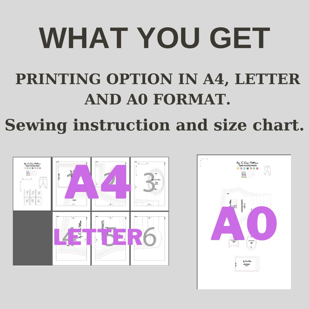 Baby Footed Pants Sewing Pattern PDF, Sizes Newborn to 18 Months, Easy DIY Baby Clothing with Foot Cover, Printable A4 Letter and A0