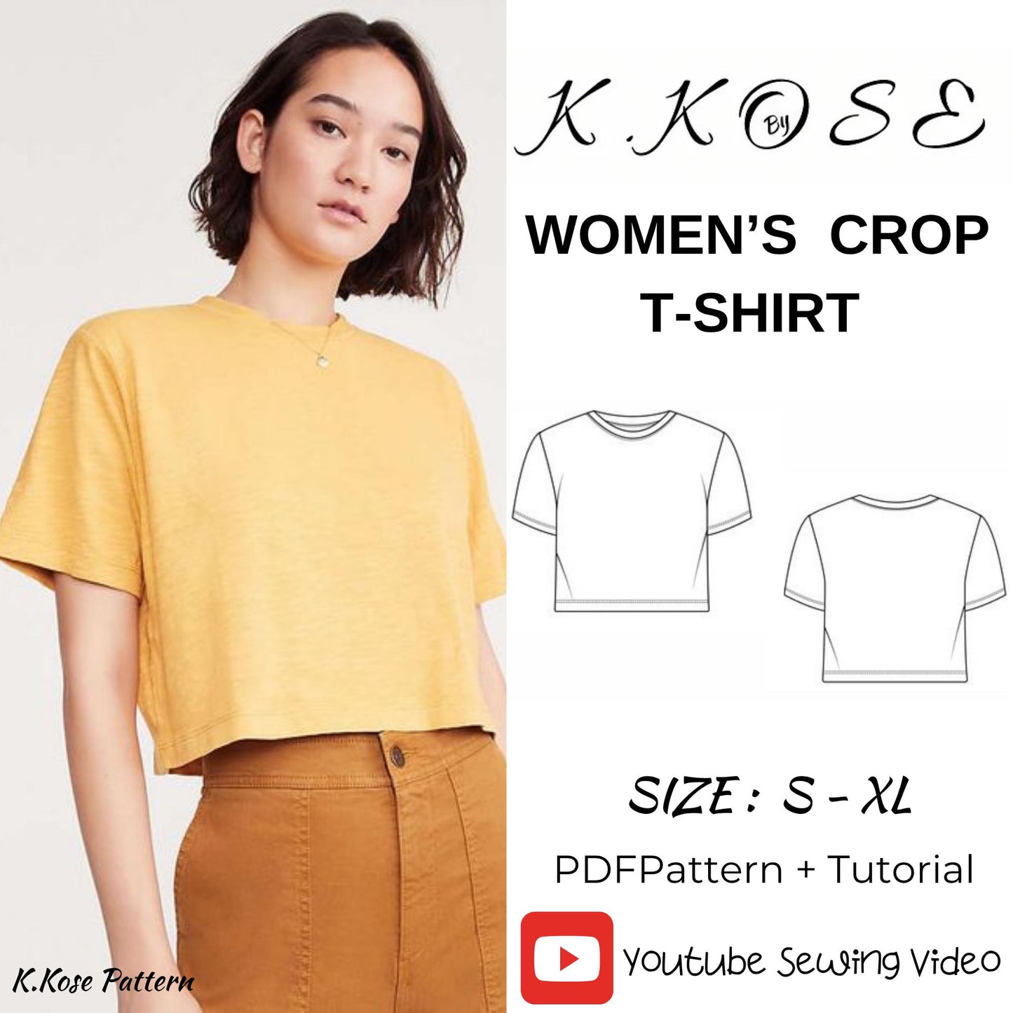 Women’s Crop T-Shirt Sewing Pattern  Digital PDF Sizes S–XL  Beginner Friendly DIY Clothing  Printable Sewing File A4 Letter A0