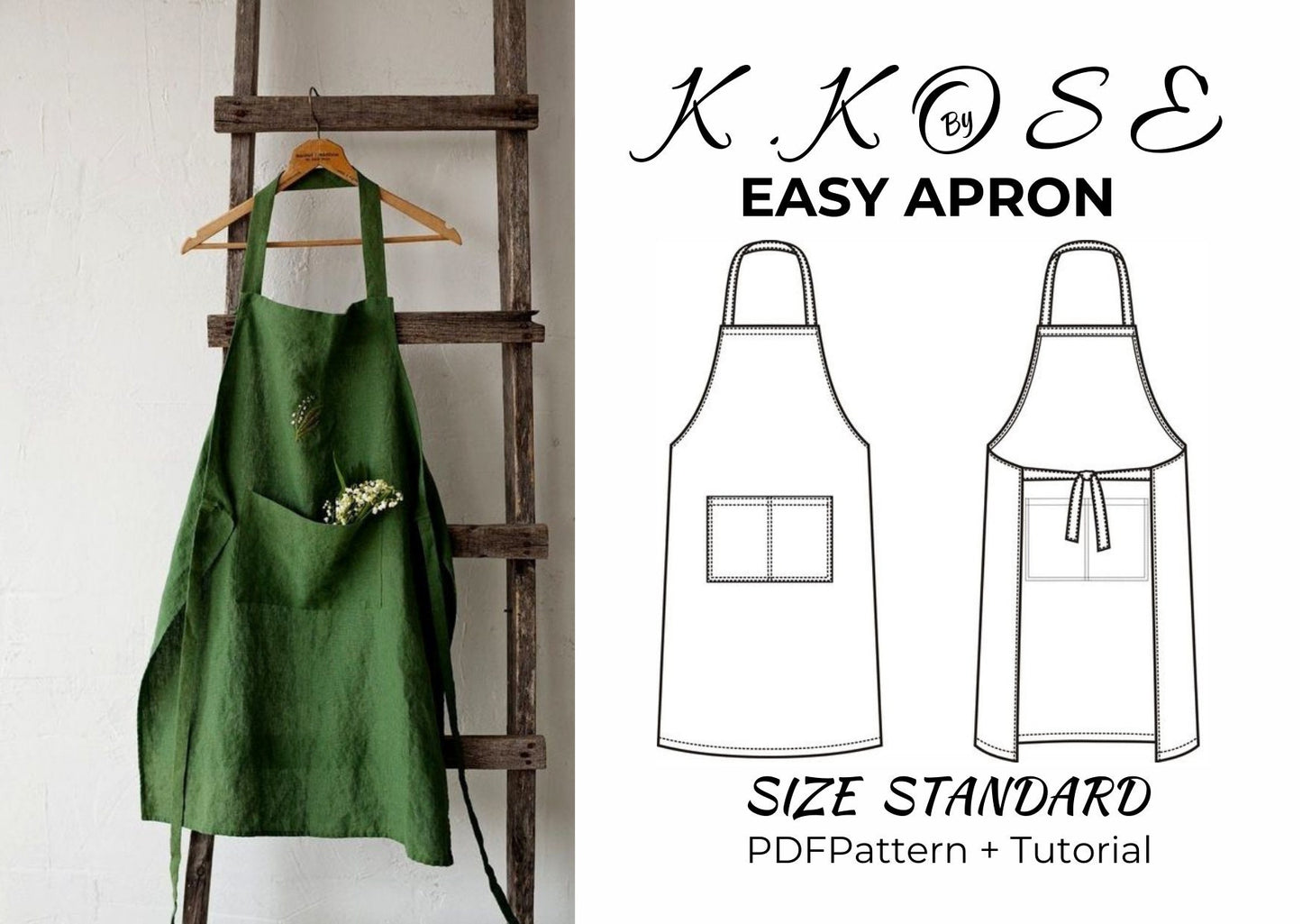 Hooded Apron Sewing Pattern PDF, Unisex Standard Adult Size with Pockets and Ties, Easy DIY Kitchen Apron, Printable A4 Letter and A0
