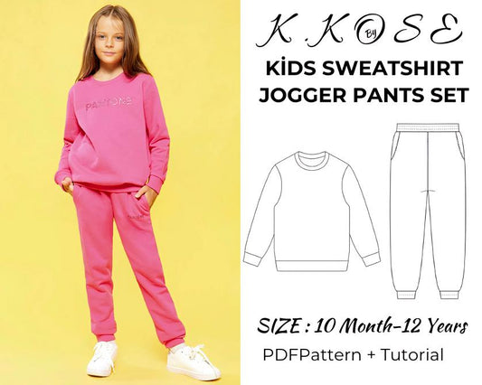 Kids Sweatshirt &amp; Jogger Pants Sewing Pattern – Digital PDF (10M–12Y)