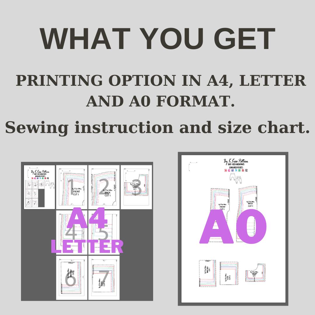 Baby & Kids’ Harem Pants Sewing Pattern  Digital PDF Sizes 1M–2Y  Kangaroo Pocket Option  Beginner Friendly DIY Children’s Clothing  Printable Sewing File A4 Letter A0