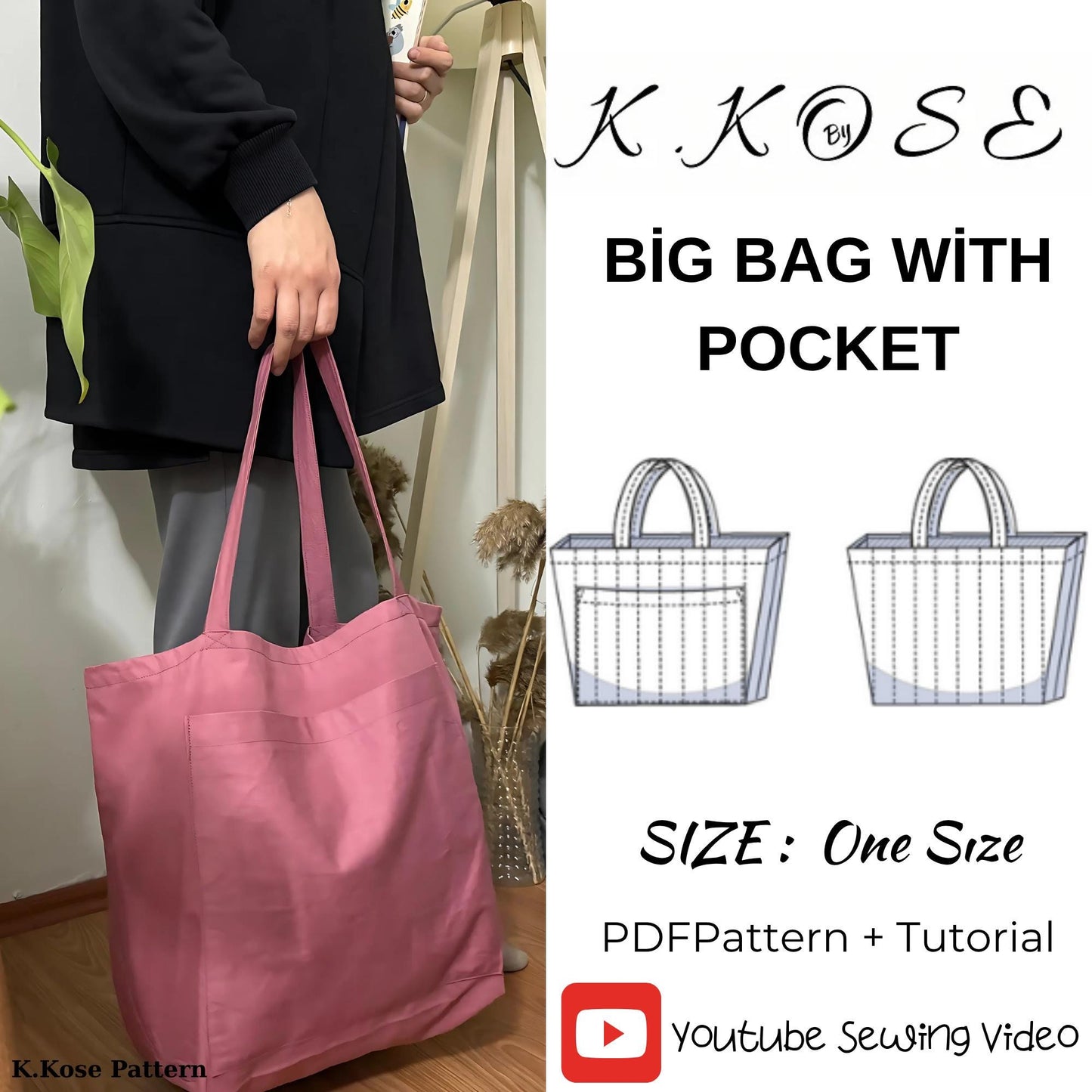 Large Canvas Tote Bag with Pockets: Easy Sewing Pattern (PDF)