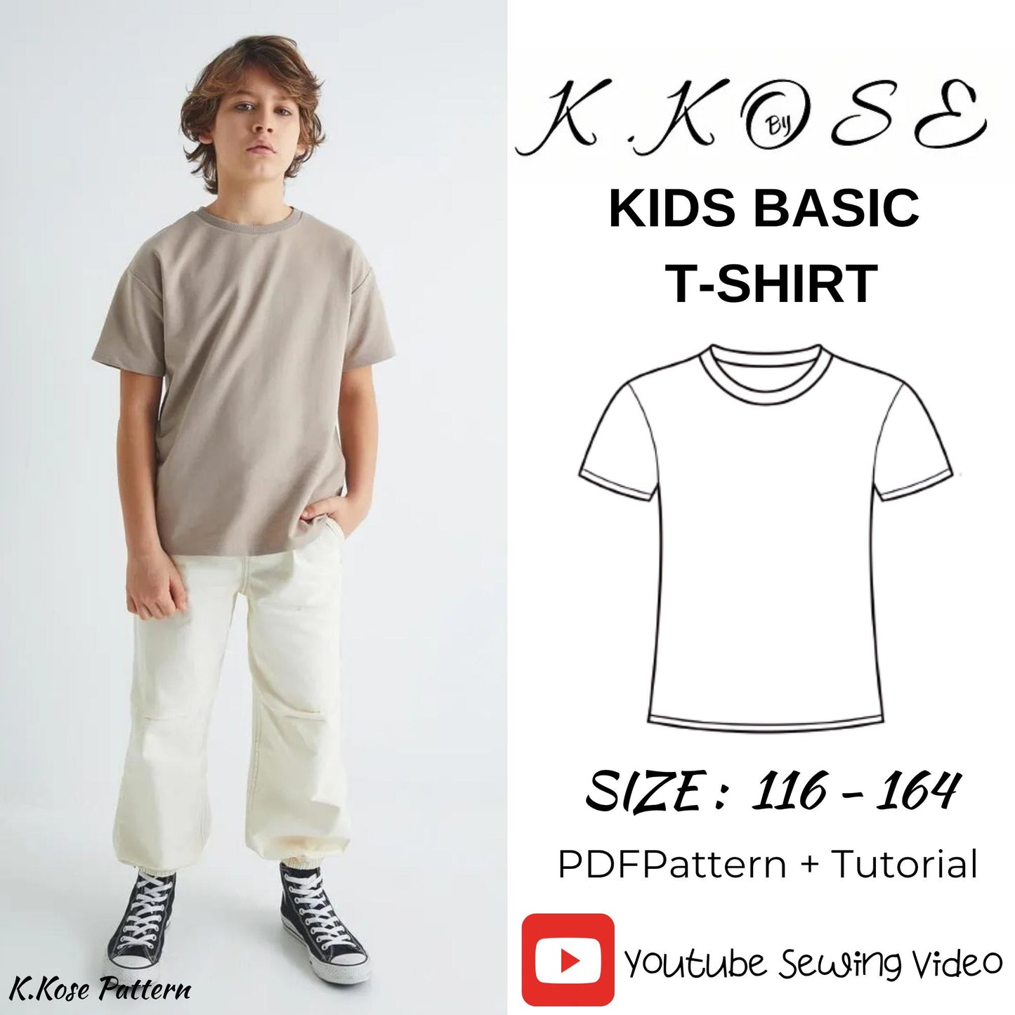 Kids T-Shirt Sewing Pattern PDF, Short Sleeve Tee for Ages 5 to 14 Years, Easy DIY Children Clothing, Printable A4 Letter and A0