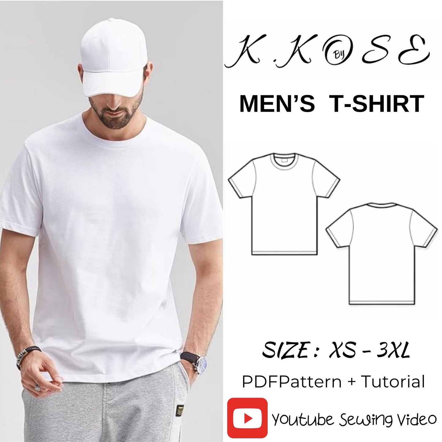 Men's Classic Crew Neck T-Shirt Sewing Pattern PDF, Sizes XS to 3XL, Easy DIY Men's Clothing, Printable A4 Letter and A0