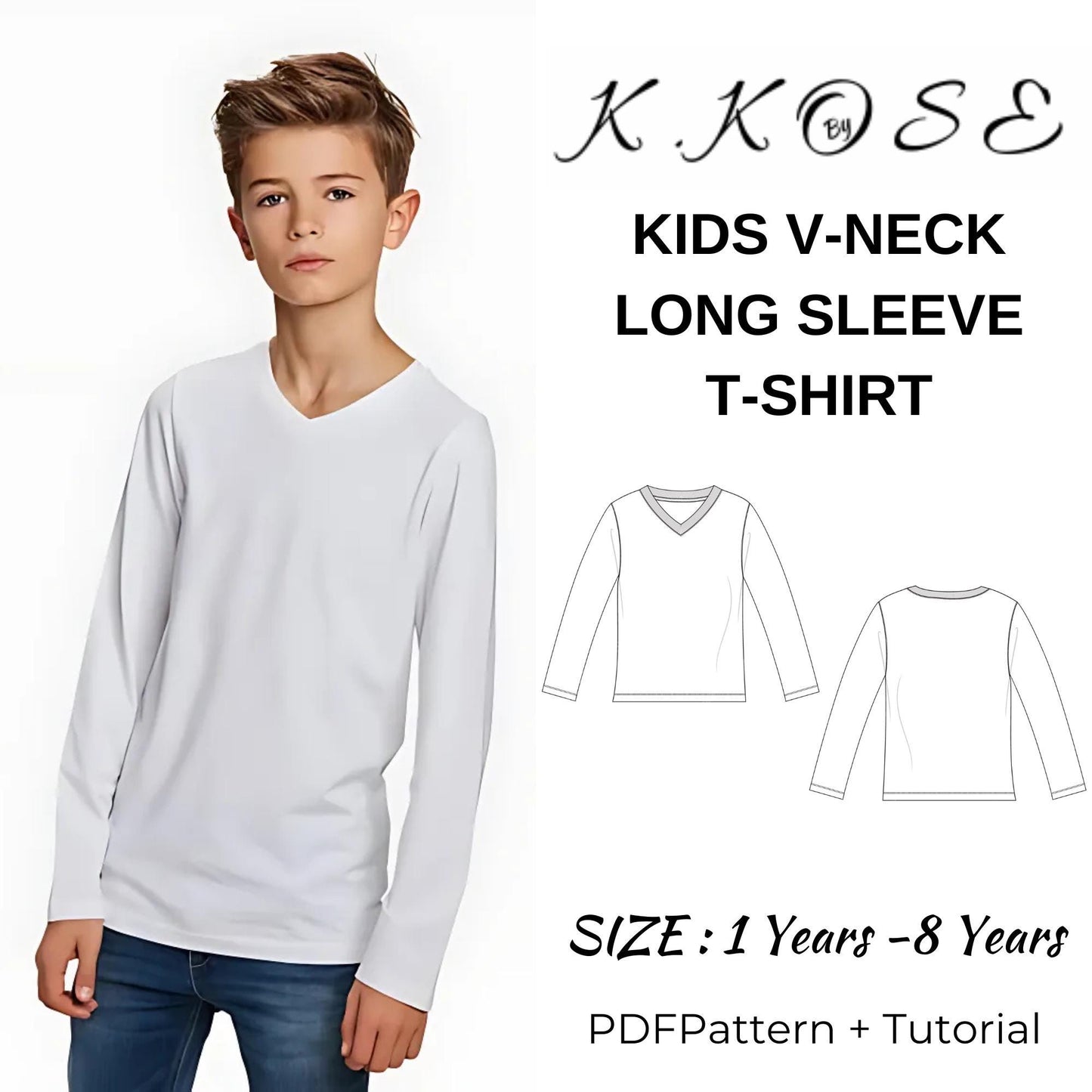 Kids’ V-Neck T-Shirt Sewing Pattern  Digital PDF Sizes 1Y–8Y  Short & Long Sleeve DIY Children’s Clothing  Printable Sewing File A4 Letter A0